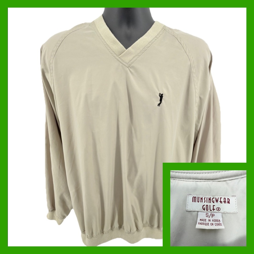 Munsingwear Golf Windshirt Mens Small Tan V-Neck Pullover Windbreaker Vintage
